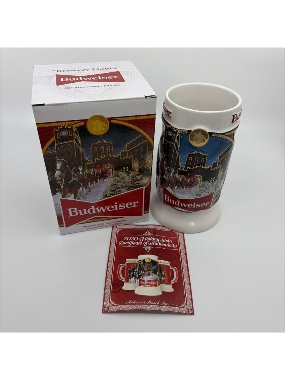 Budweiser Holiday Stein 2020 Brewery Lights 41st Anniversary Ed 7" w/Box COA